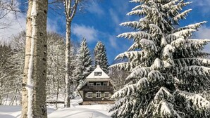 A snow-covered landscape with a wooden cabin and snow-laden trees. - Wonderful private villa for 6 guests with WIFI and patio (Bärental)