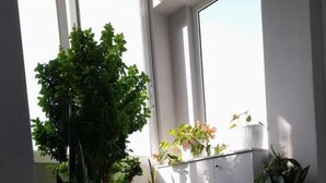 A corner of a room with potted plants, a window, and a tiled floor. - SeaSide Apartments (Sarande)