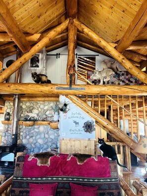 A rustic cabin interior with wooden beams, a stone wall, a fireplace, and a sign indicating it's a wildlife lodge.