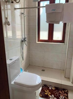 Douche, bidet, serviettes fournies, savon