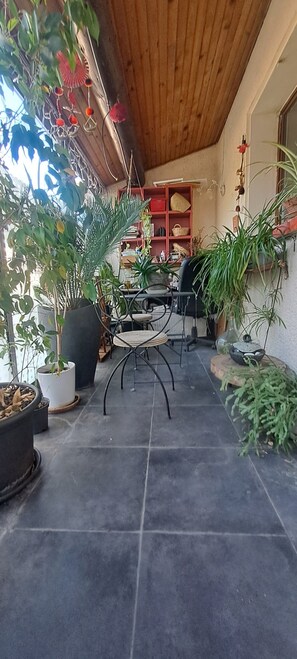 Ein überdachter Patio mit Topfpflanzen, einem Korbstuhl und einer Holzbeschichtung.