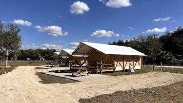 Un camping con varias tiendas de campaña, un sendero de tierra y una zona cubierta de césped.