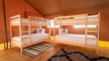 A bunk bed room with a patterned rug and a window.