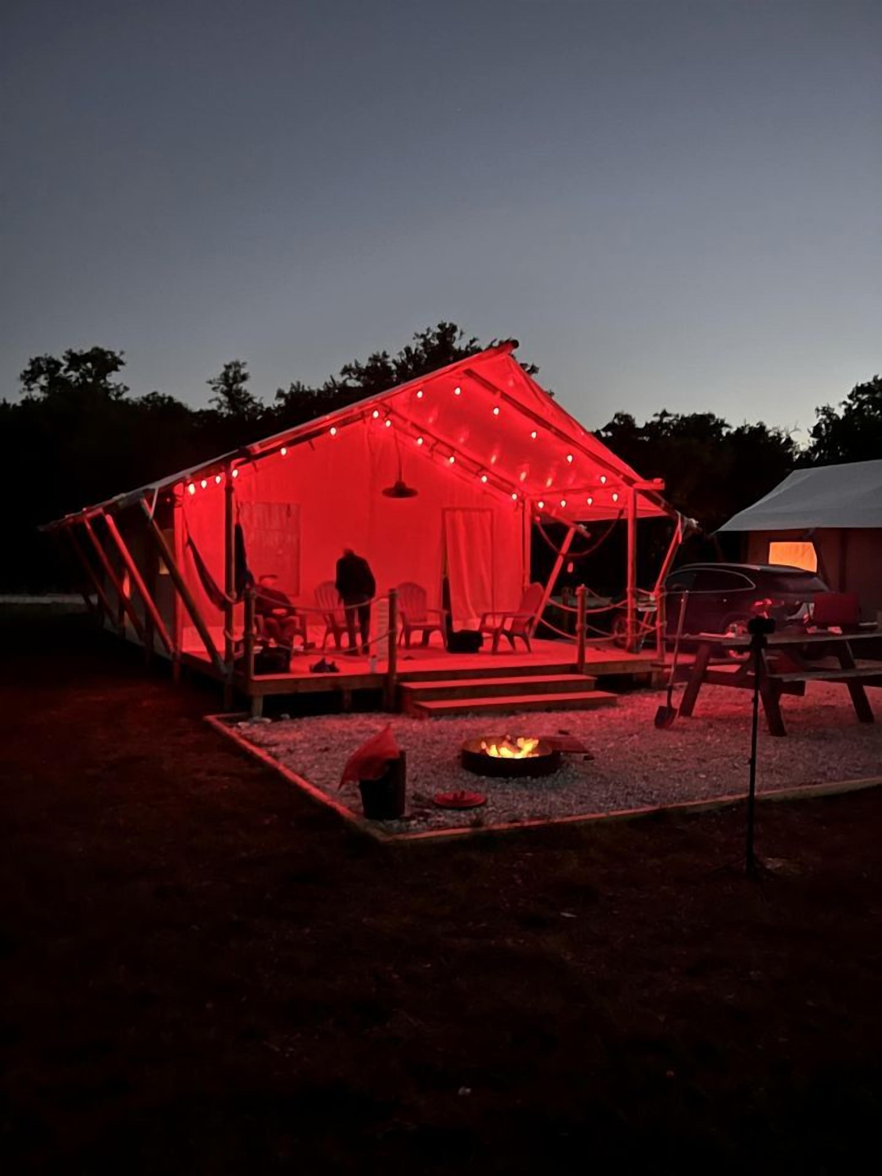 Een tent met een vuurkuil en zitgedeelte, omgeven door bomen.