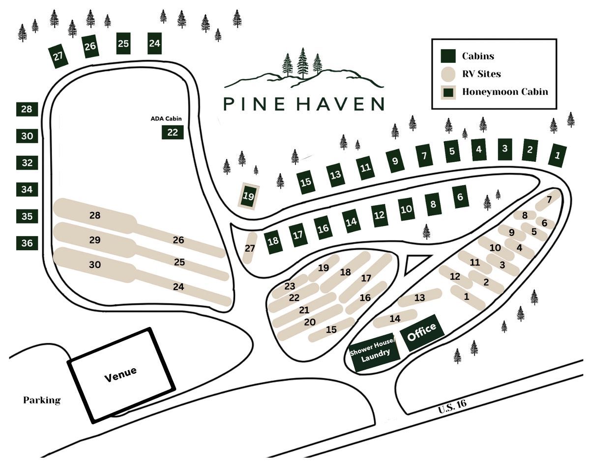 Indeling van camping Pine Haven, met RV-plaatsen met nummers, een aangewezen ADA-bungalow, een douchegebouw en een kantoor.