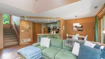 Smart TV, fireplace, books, stereo