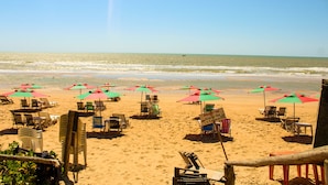 Une plage bordée de rangées de transats et de parasols, un panneau indicateur et une vue sur l’océan.
