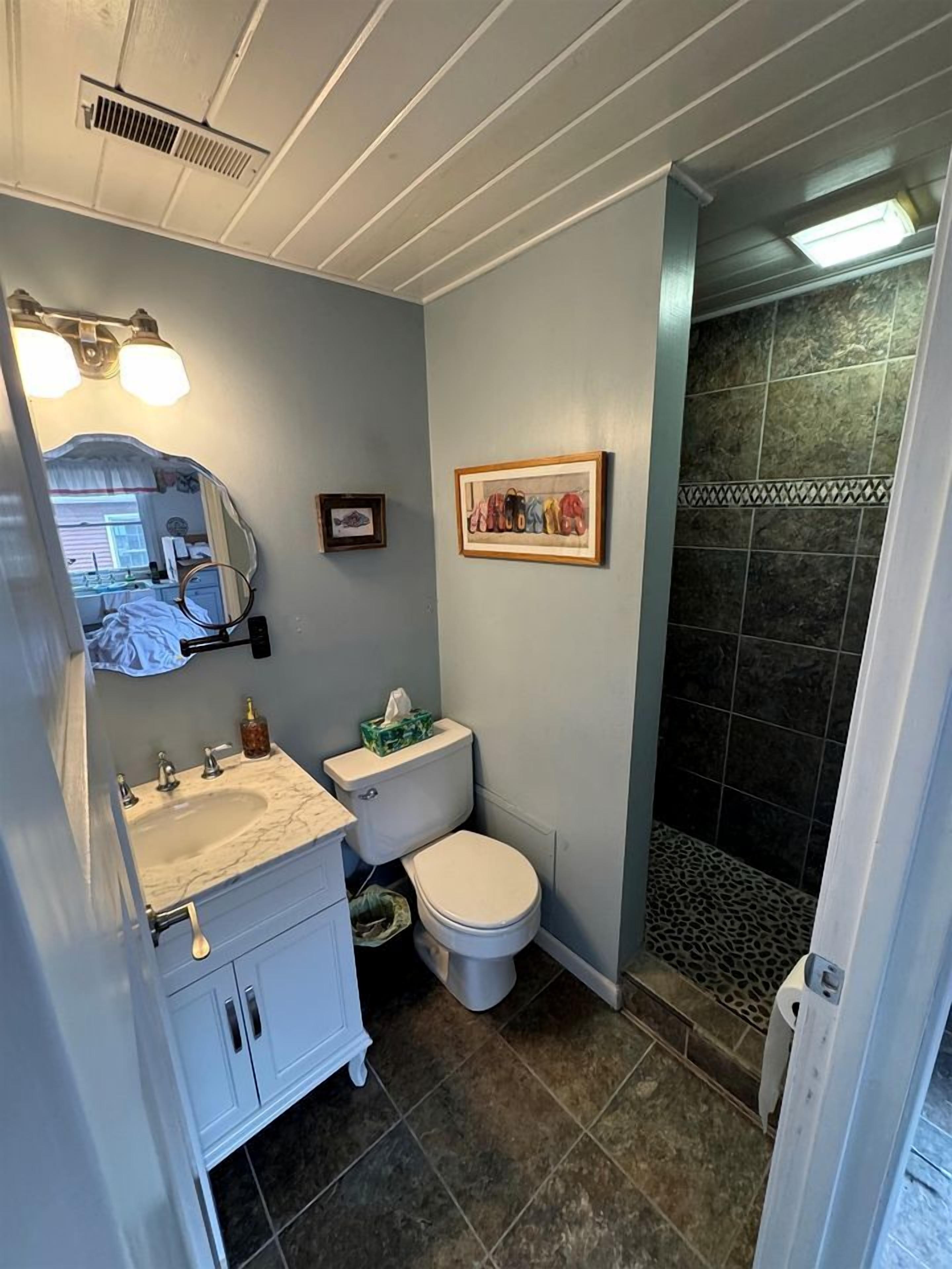 A bathroom with a sink, toilet, and shower.