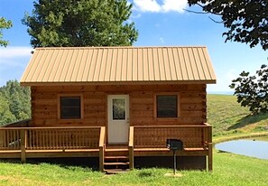 Eine Holzhütte mit einem Metall-Dach, einer Haustür, zwei Fenstern, einer Terrasse und einem Teich im Hintergrund.