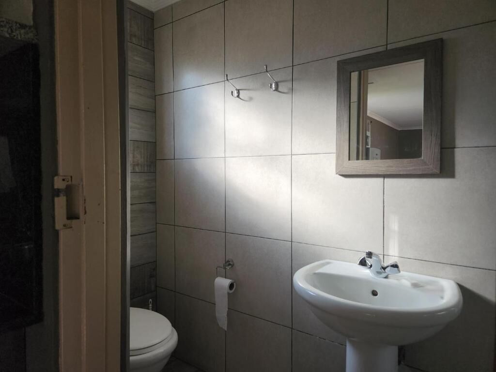Een badkamer met toilet, wastafel en spiegel.