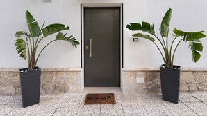 A modern entrance with a dark door, two potted plants, a 'HOME' mat, and security cameras.