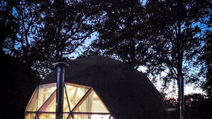 A geodesic dome structure with a hot tub in front.