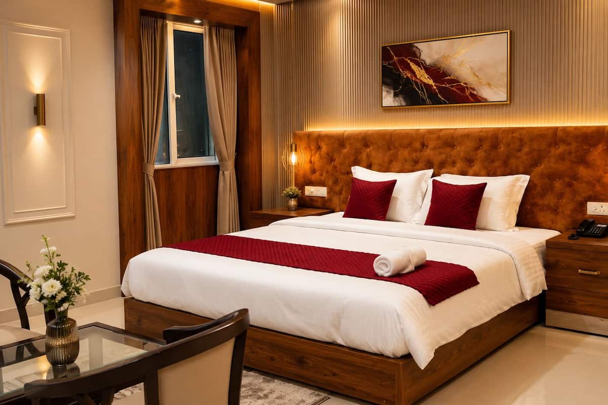 Een hotelkamer met een groot bed, nachtkastjes, een bureau en een stoel.