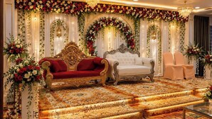 A luxurious room with ornate furniture, a patterned carpet, and floral decorations.