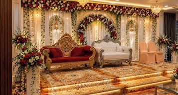 Una habitación lujosa con muebles ornamentados, una alfombra estampada y decoraciones florales.
