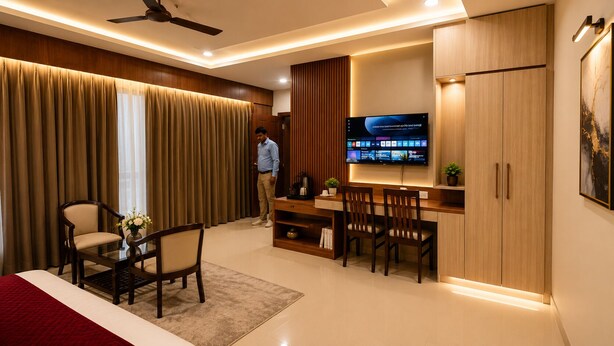 A modern hotel room with a flat-screen TV, wooden furniture, and a ceiling fan.