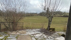 Un chemin de pierres mène à un champ herbeux où se trouvent un arbre et une clôture en métal.