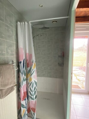Eine Dusche mit Glasabtrennung, ein Handtuchhalter und eine Tür zu einem Außenbereich.