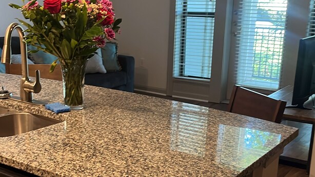 Een keuken met granieten aanrecht, een vaatwasser, een bloemenvaas en een hanglamp.