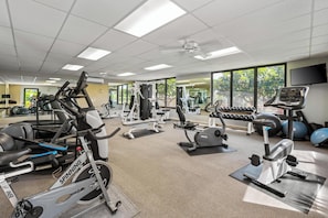 Ein Fitnessraum mit unterschiedlichen Trainingsgeräten, großen Fenstern und einem Deckenventilator.