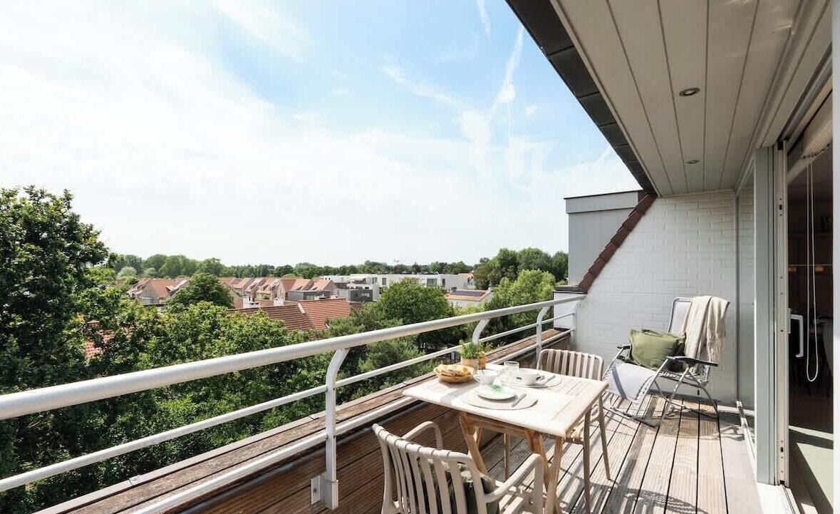 Een balkon met een tafel en stoelen, een bloempot en uitzicht op een woonwijk.
