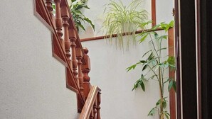 Eine Holztreppe mit Geländer, einer Topfpflanze und einer Tür am Fuß.