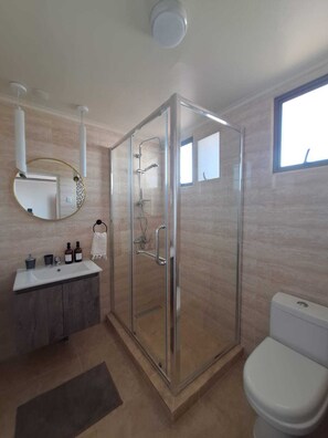 Un baño moderno con cabina de ducha de vidrio, un lavamanos blanco con artículos de aseo y un inodoro.