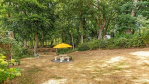 Un jardín con una mesa de picnic y sillas, rodeado de árboles y un cobertizo pequeño.