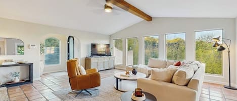 TV, fireplace, DVD player, books