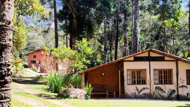 A rustic cabin with a wooden exterior, a small porch, and a mural of foliage on the wall. - Sítio Salamandra (Aiuruoca)