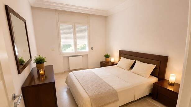Een slaapkamer met een bed, nachtkastjes, een spiegel, een raam met zonwering en een radiator.