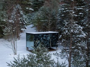 Ein modernes Glasgebäude inmitten eines verschneiten Waldes.