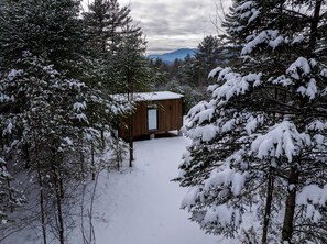 Una cabaña rodeada de árboles cubiertos de nieve, con una vista despejada de las montañas al fondo.