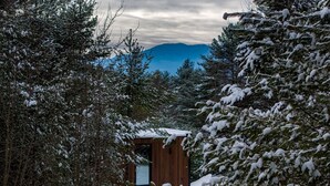 Una cabaña rodeada de árboles cubiertos de nieve, con una montaña al fondo.