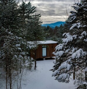 A wooden cabin surrounded by snow-covered trees, with a view of mountains in the background. - Mirrored Glass Cabin with Firepit & Forest Views in Au Sable Forks, New York (Jay)