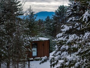 Una cabaña de madera rodeada de árboles cubiertos de nieve, con una montaña al fondo.