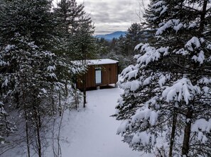 A cabin surrounded by snow-covered trees, with a clear view of the mountains in the background. - Mirrored Glass Cabin with Firepit & Forest Views in Au Sable Forks, New York (Jay)