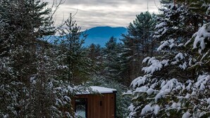 Una cabaña de madera rodeada de árboles cubiertos de nieve, con una montaña al fondo.