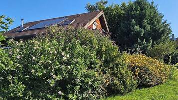 Ein Haus mit geneigtem Dach, Solaranlage und dichter Ufervegetation.