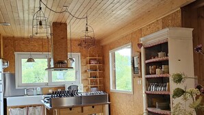 Une cuisine avec des murs en bois, un plafond en bois et une fenêtre. On y trouve un évier, une cuisinière et un meuble avec des étagères.