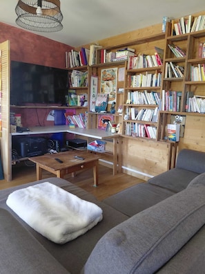 A living room with a sofa, a coffee table, a TV, and a bookshelf filled with books. - Wooden house with a large deck and a 5-person hot tub, not overlooked (Nivillac)