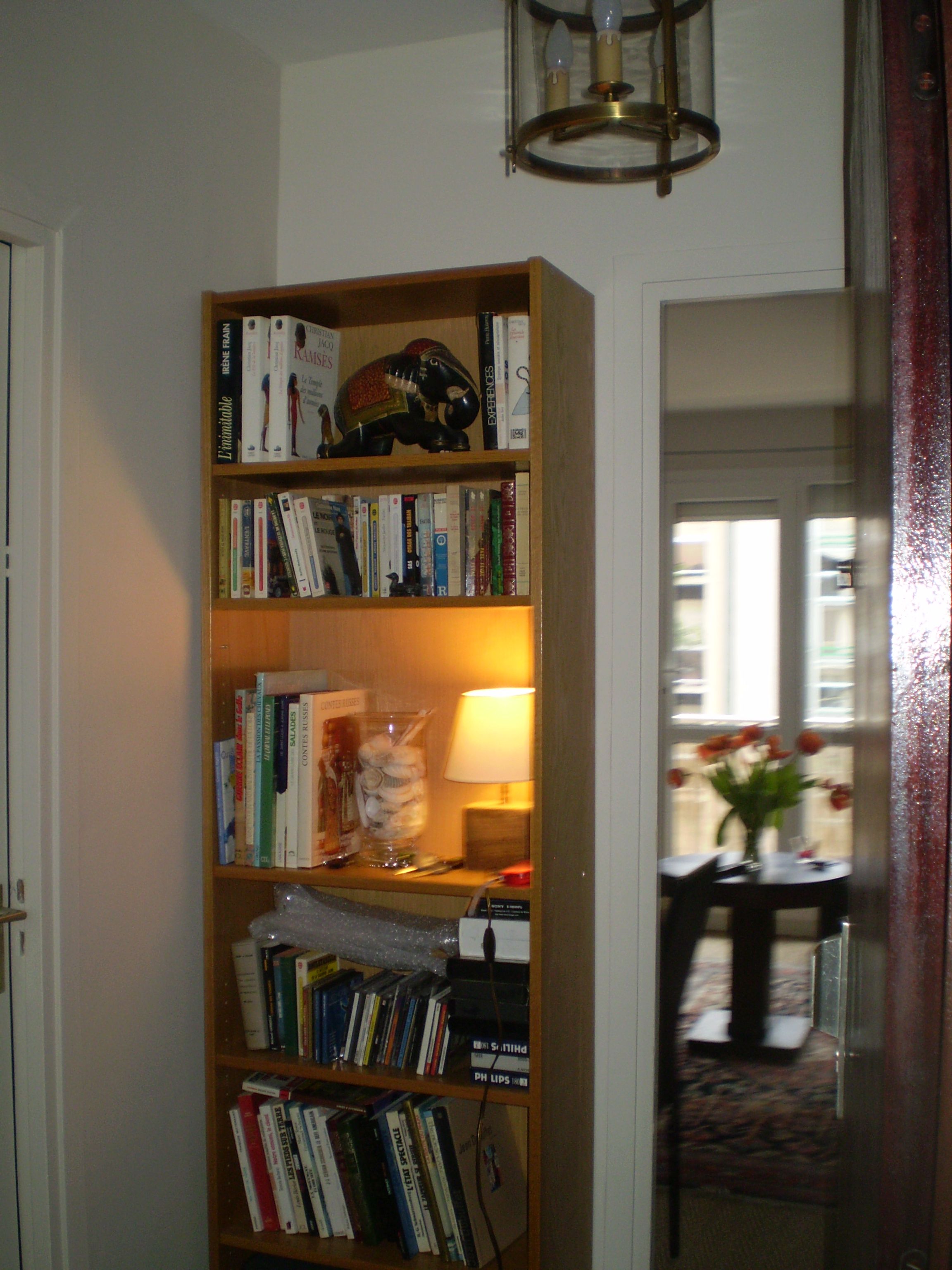A bookshelf with various books and a decorative elephant figurine.