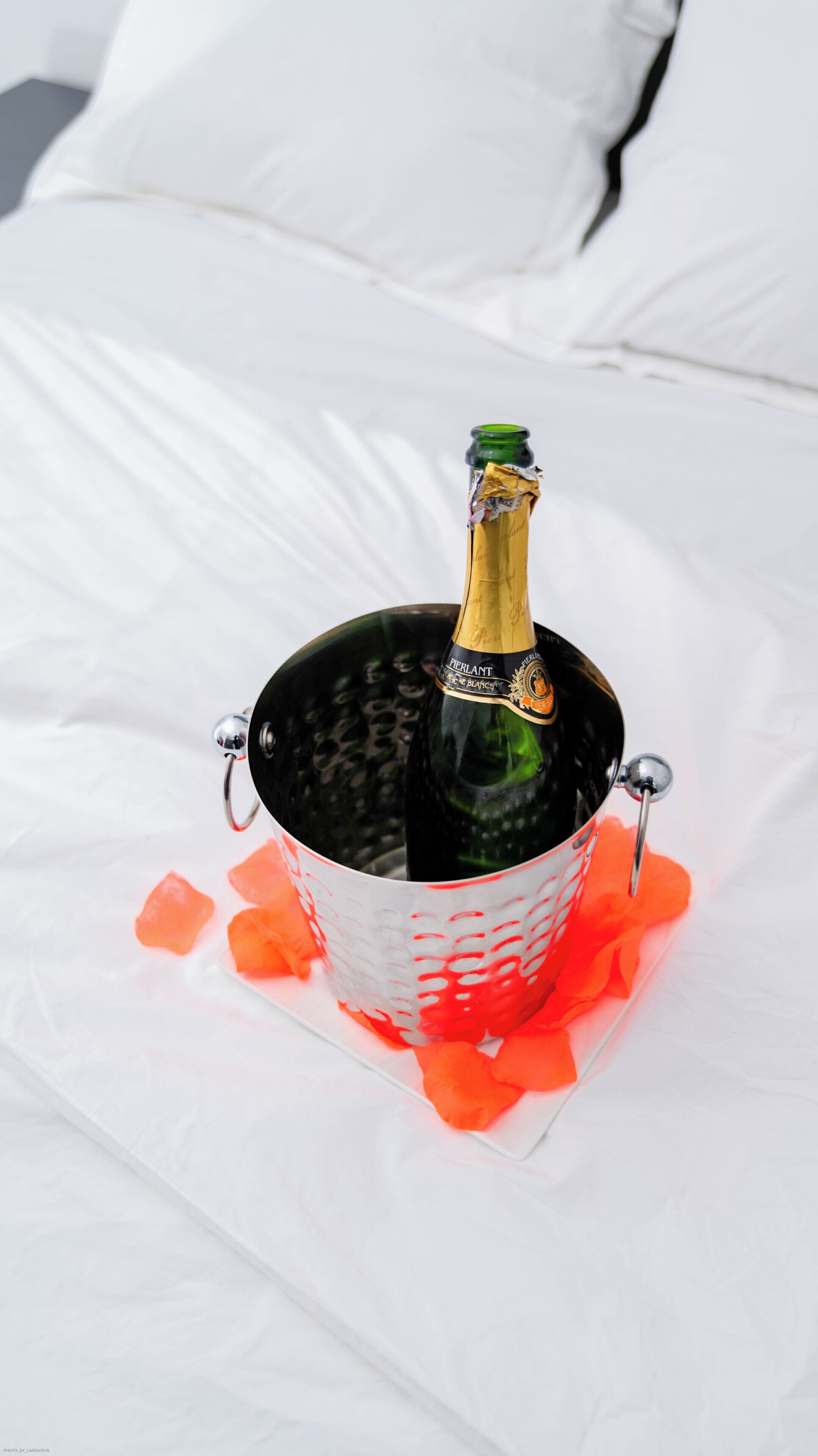 A bottle of champagne in a bucket with ice cubes on a white surface.