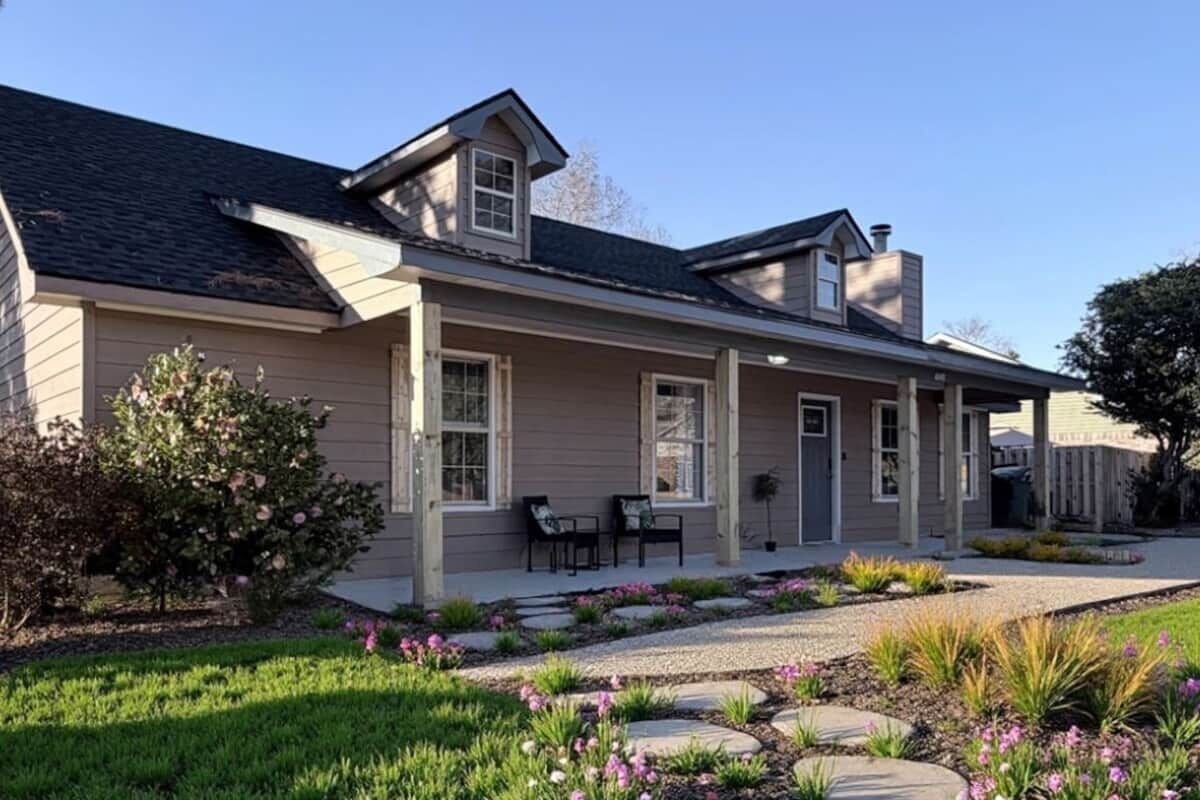 A two-story house with a covered porch, a small garden with stepping stones, and a well-maintained lawn.