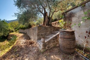 A rustic outdoor setting with a stone wall, a wooden barrel, and a potted plant.