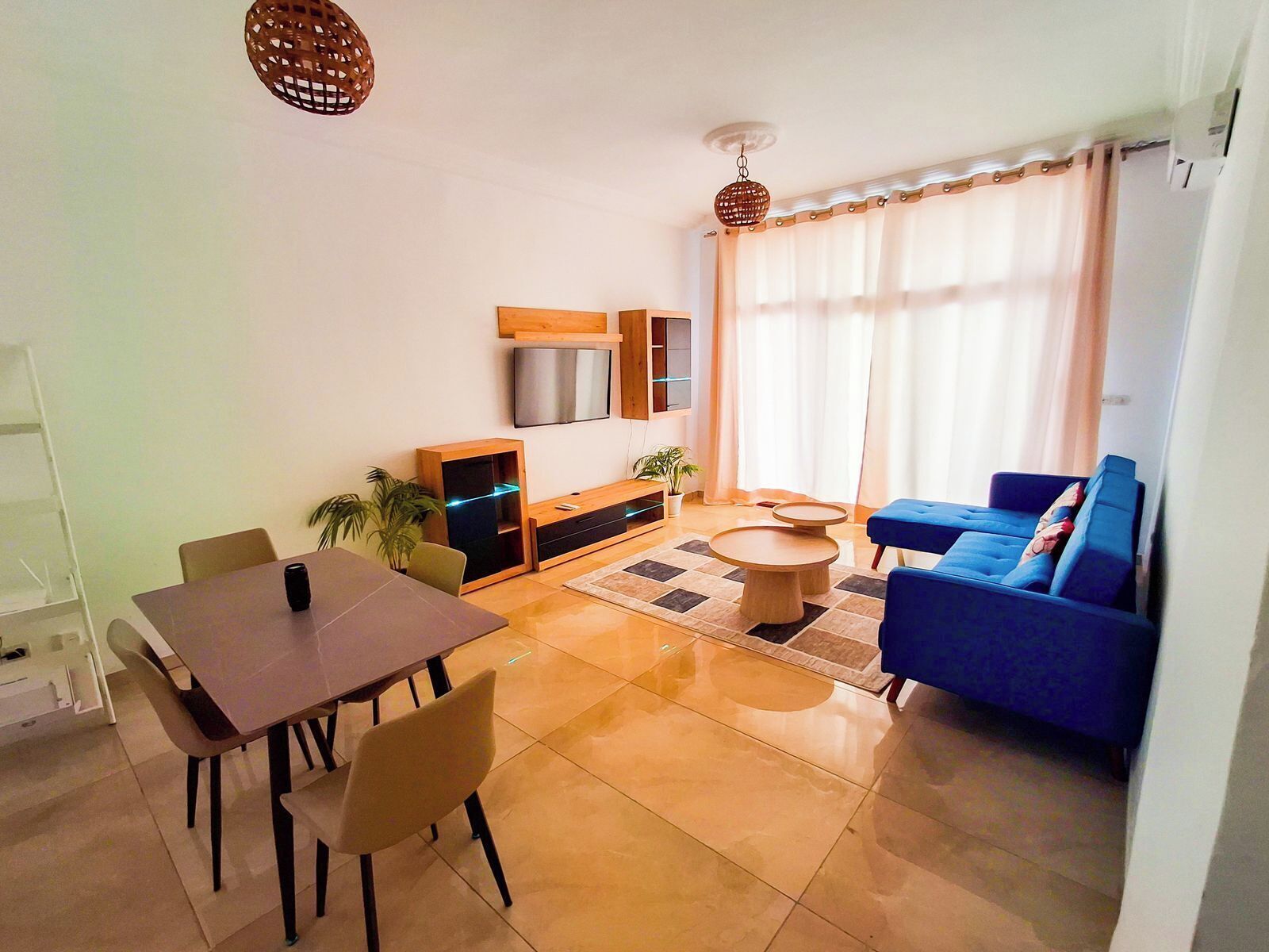 A modern living room with a dining area, a sofa, a TV, and a plant.