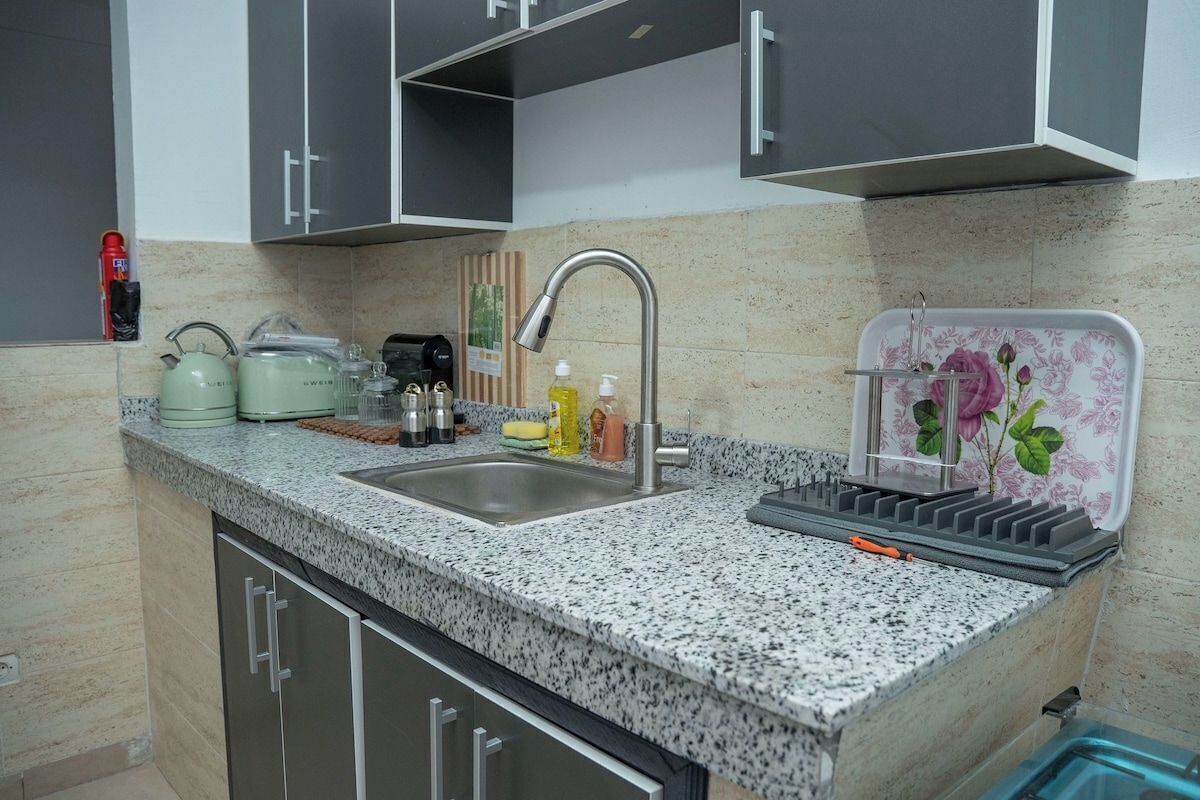 Eine Küche mit Granit-Arbeitsplatten, Edelstahlgeräten und einer integrierten Spüle.