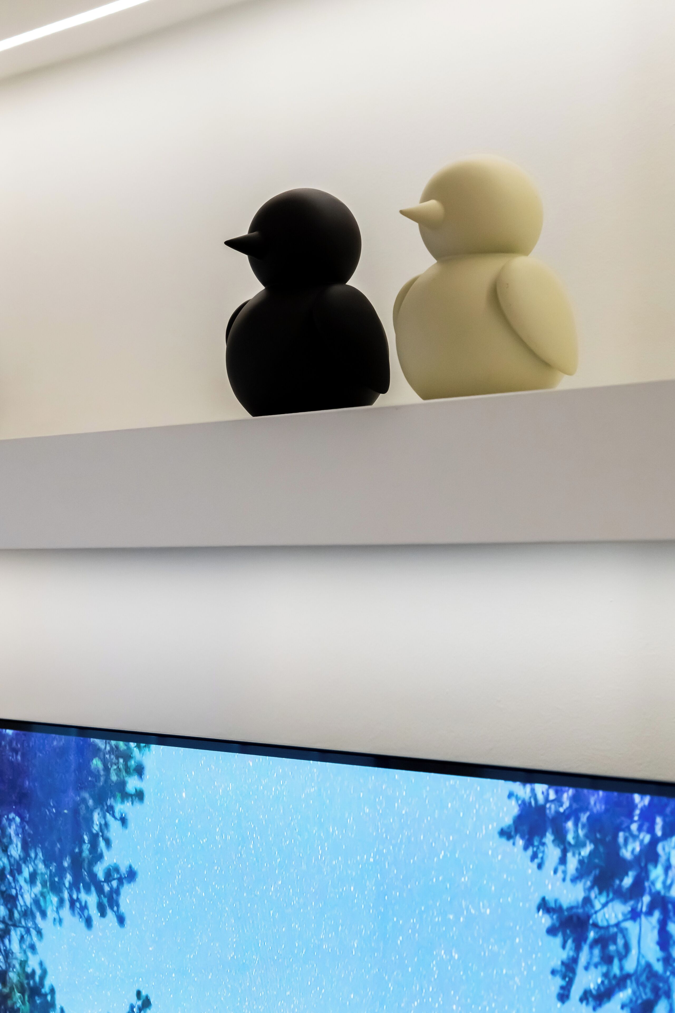 A white shelf with two duck-shaped objects, a flat-screen TV displaying a forest scene, and a white wall.