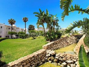 Ein Innenhof mit Steinmauer, Palmen und einem kleinen Wasserspiel.