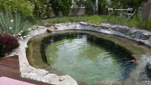 Ein runder Whirlpool, umgeben von einer Steinkante, mit einem Holzboden im Vordergrund.
